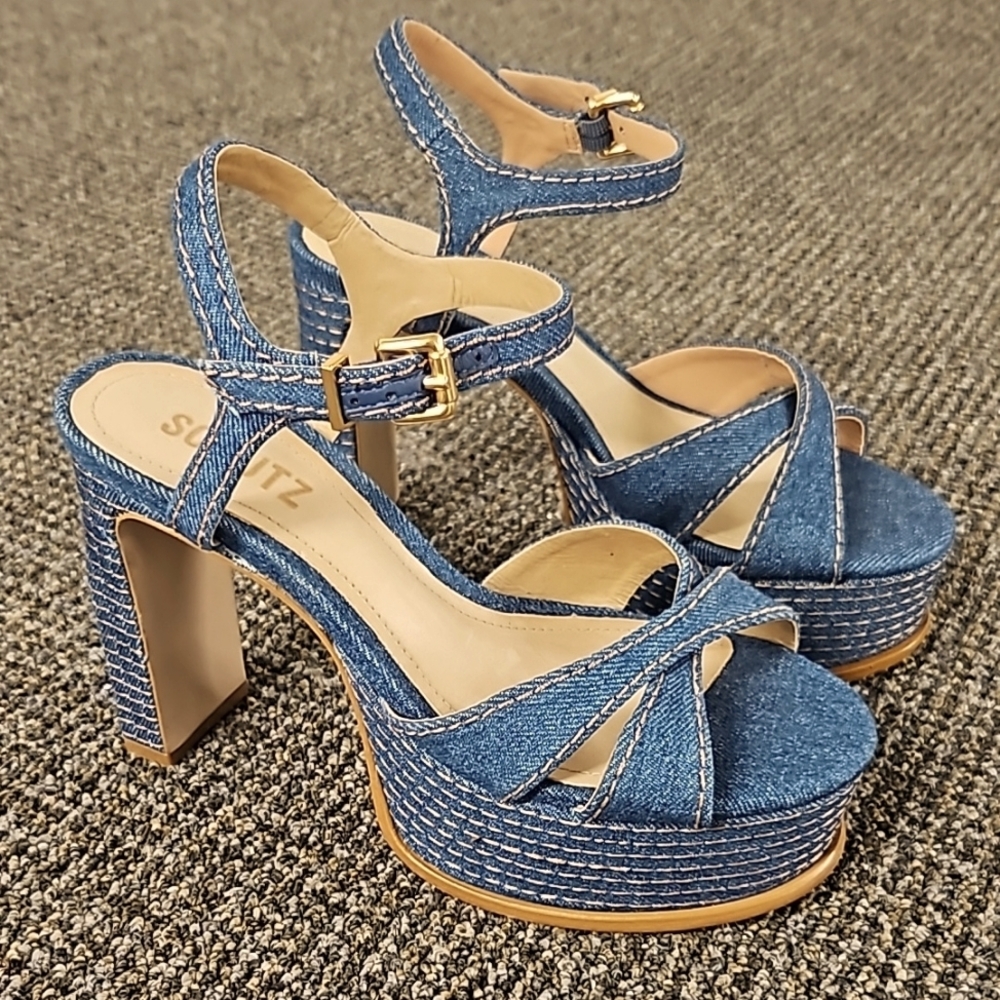 Schutz Keefa Denim Stitch 4.5" Chunky Heels size 6B New!
